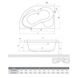 Asimetrinė akrilinė vonia Tullip 1500x1000 mm kairinė