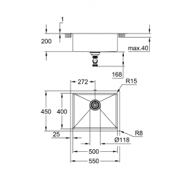 Plautuvė K700 U 60-S 544x444 nerūdijantis plienas montuojama iš apačios stainless steel