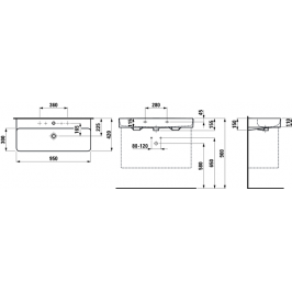 Praustuvas VAL 950x420 mm 2 angomis maišytuvams Saphir Keramik baltas