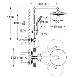 Termostatinė dušo sistema Euphoria 260 (stac. galva Ø260 alkūnė 450 mm 3`jų srovių rankinis dušas 110) chromas