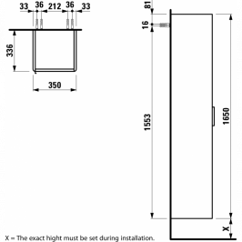 Pakabinama aukšta spintelė BASE 35x165x335 balta matinė durų vyriai kairėje