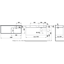 Kartell by Laufen praustuvas 1200x460x120 mm su plačiu kraštu kairėje paslėptu nuotaku LCC danga baltas