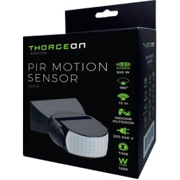 Judesio jutiklis PIR 230 Vac, 180°, 12m, 1200W, reguliuojamas, IP65, juodas, THORGEON