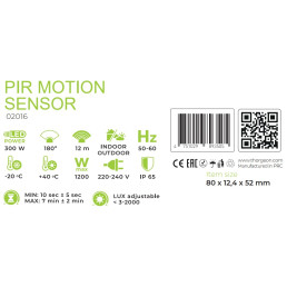 Judesio jutiklis PIR 230 Vac, 180°, 12m, 1200W, reguliuojamas, IP65, juodas, THORGEON