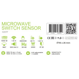 Judesio jutiklis, mikrobangų, 230 Vac, 360°, 8m, 2000W, reguliuojamas, juodas, THORGEON