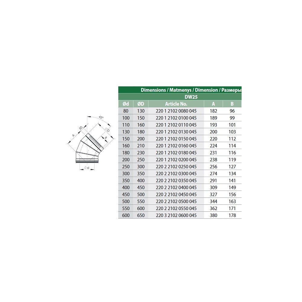 DW alkūnė HeatUp NPNP d.150/ 200 45° (H221 1 2102 0150 045)