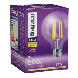 LED lemputė E27 230V G95 8W 806lm, FILAMENT, šiltai balta 2700K, pritemdoma