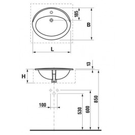 Praustuvas Ibon 56 x 475 cm iš viršaus įmontuojamas su 1 anga maišytuvui viduryje