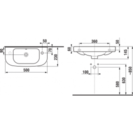 Praustuvas Deep 500x230 mm su 1 anga maišytuvui kairėje baltas