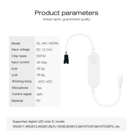 Skaitmeninių LED juostų valdiklis, 12-24Vdc, 3A, 800pix, su mikrofonu, WLED ESP32 Wi-Fi