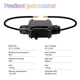 Skaitmeninių LED juostų valdiklis, 5-24Vdc, 15A, 800pix, hermetinis IP65, WLED ESP32 Wi-Fi