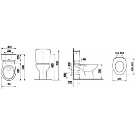 Unitazas ZETA su stačiu nubėgimu horizontaliu nuotaku su dvigubo nuleidimo sistema Dual Flush vandens įvadas apačioj