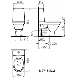 Kombinuotas unitazas KOMPAS 45/3 ltr. (650x360x850 mm) Rimless horizontalus nuotakas baltas