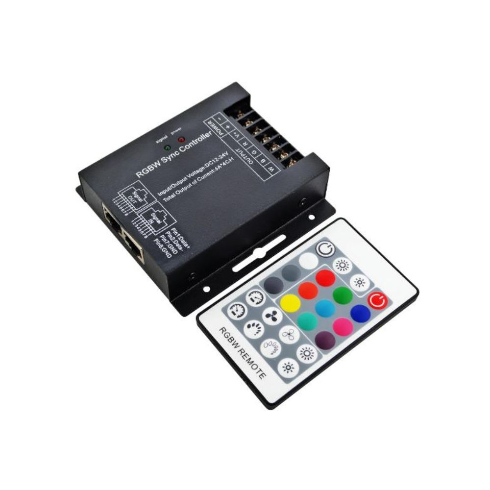 LED RGB + balta juostų valdiklis su distanciniu RF pulteliu 12-24Vdc 4x8A sinchronizuotas