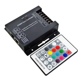 LED RGB + balta juostų valdiklis su distanciniu RF pulteliu 12-24Vdc 4x8A sinchronizuotas