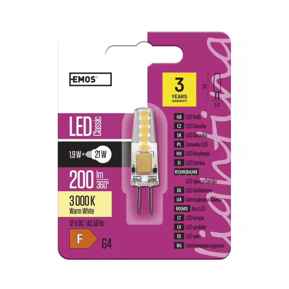 LED lemputė G4 12V JC 2W 210lm, šiltai balta, 3000K, EMOS