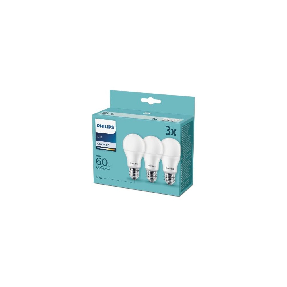 Lemputės LED 3vnt. E27 230Vac 9W (60W) A60 806lm neutraliai balta, Philips
