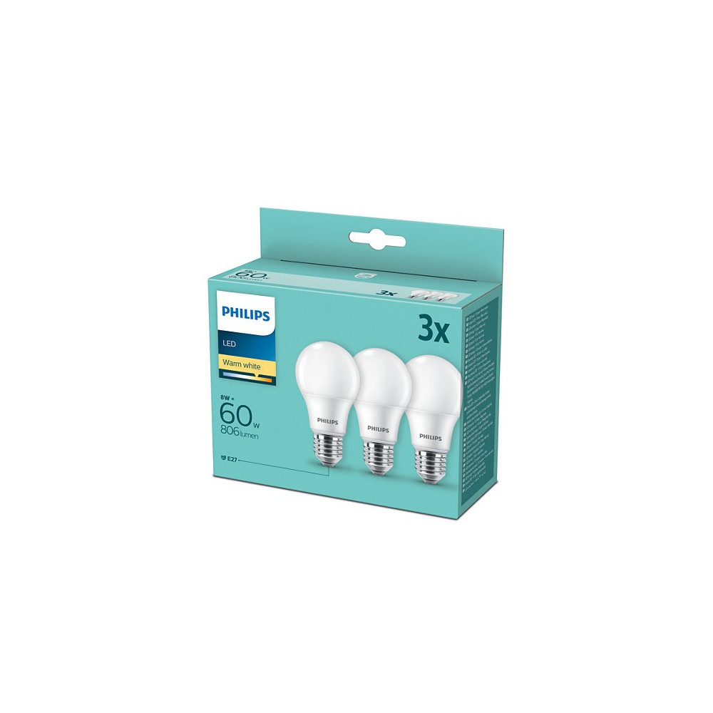 Lemputės LED 3vnt. E27 230Vac 8W (60W) A60 806lm šiltai balta, Philips