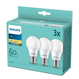 Lemputės LED 3vnt. E27 230Vac 8W (60W) A60 806lm šiltai balta, Philips