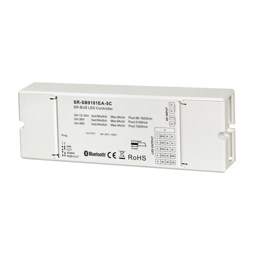 LED valdiklis, 12-48V, 5x8A, RGB +CCT, SR-BUS serija, Bluetooth +RF, Sunricher
