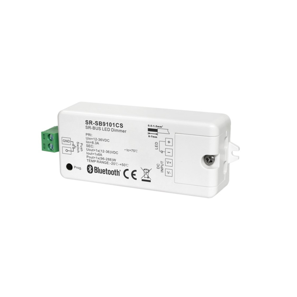LED juostų valdymo sistemos imtuvas 12-36V 1x8A vienos spalvos, Bluetooth, SR-BUS serija, Sunricher