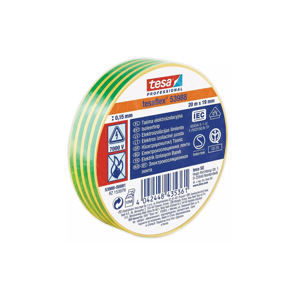 Izoliacinė juosta tesaflex 53988, 19mmx0.15mmx20m, geltona/ žalia, TESA