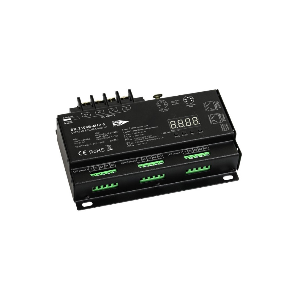 Apšvietimo valdiklis DMX512, RDM, XLR 5pin, RJ45, 12x5A, Sunricher
