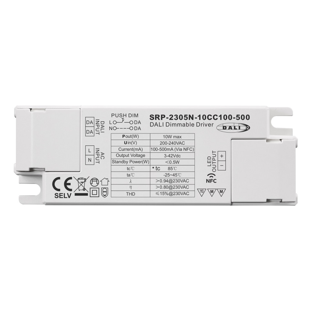 Impulsinis srovės šaltinis LED 10W, 3-42Vdc, 100-500mA, valdomas PUSH-DIM, DALI-2 su NFC nustatymu, PFC, Sunricher