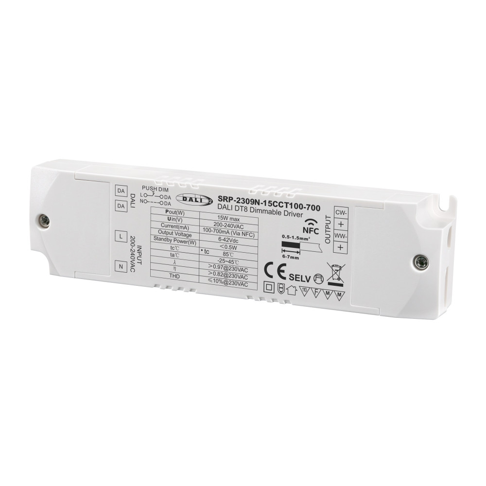 Impulsinis srovės šaltinis LED 15W, CCT, 6-42Vdc, 100-700mA, valdomas PUSH-DIM, DALI-2 su NFC nustatymu, PFC, Sunricher