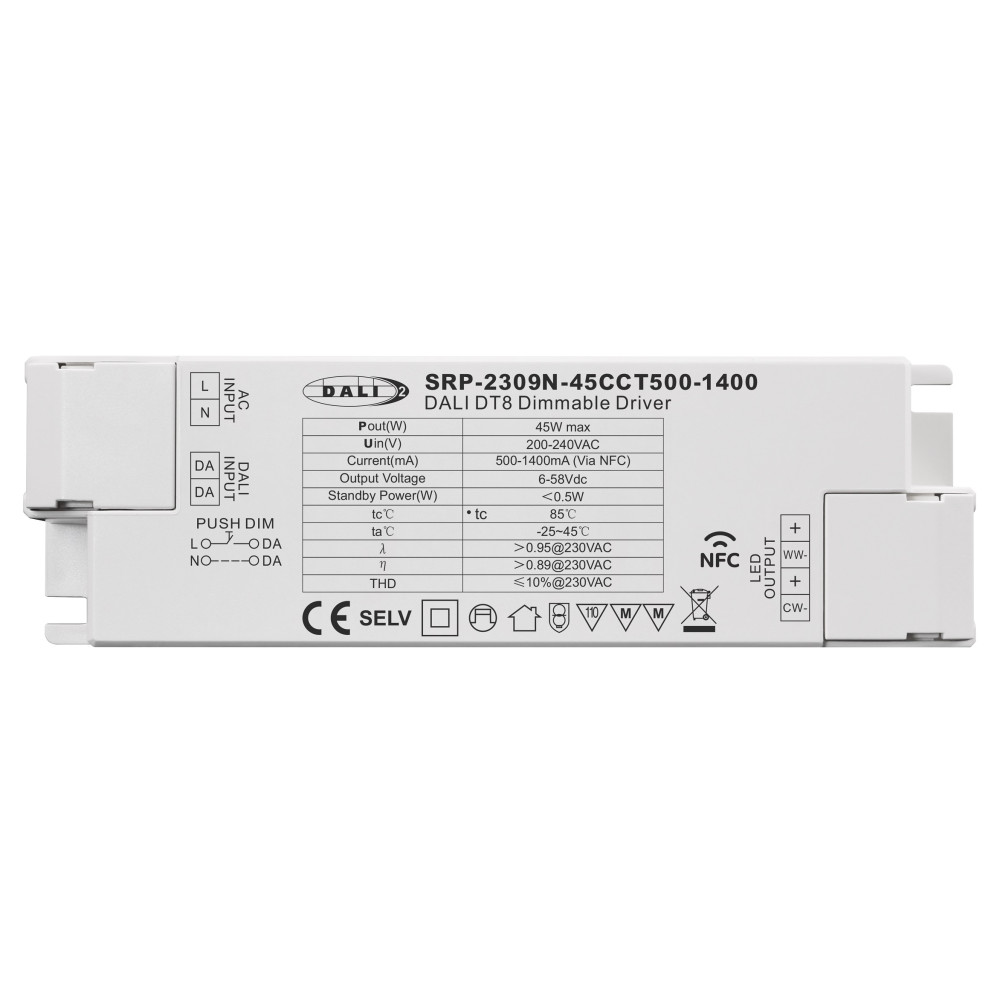 Impulsinis srovės šaltinis LED 45W, CCT, 6-58Vdc, 500-1400mA, valdomas PUSH-DIM, DALI-2 su NFC nustatymu, PFC, Sunricher