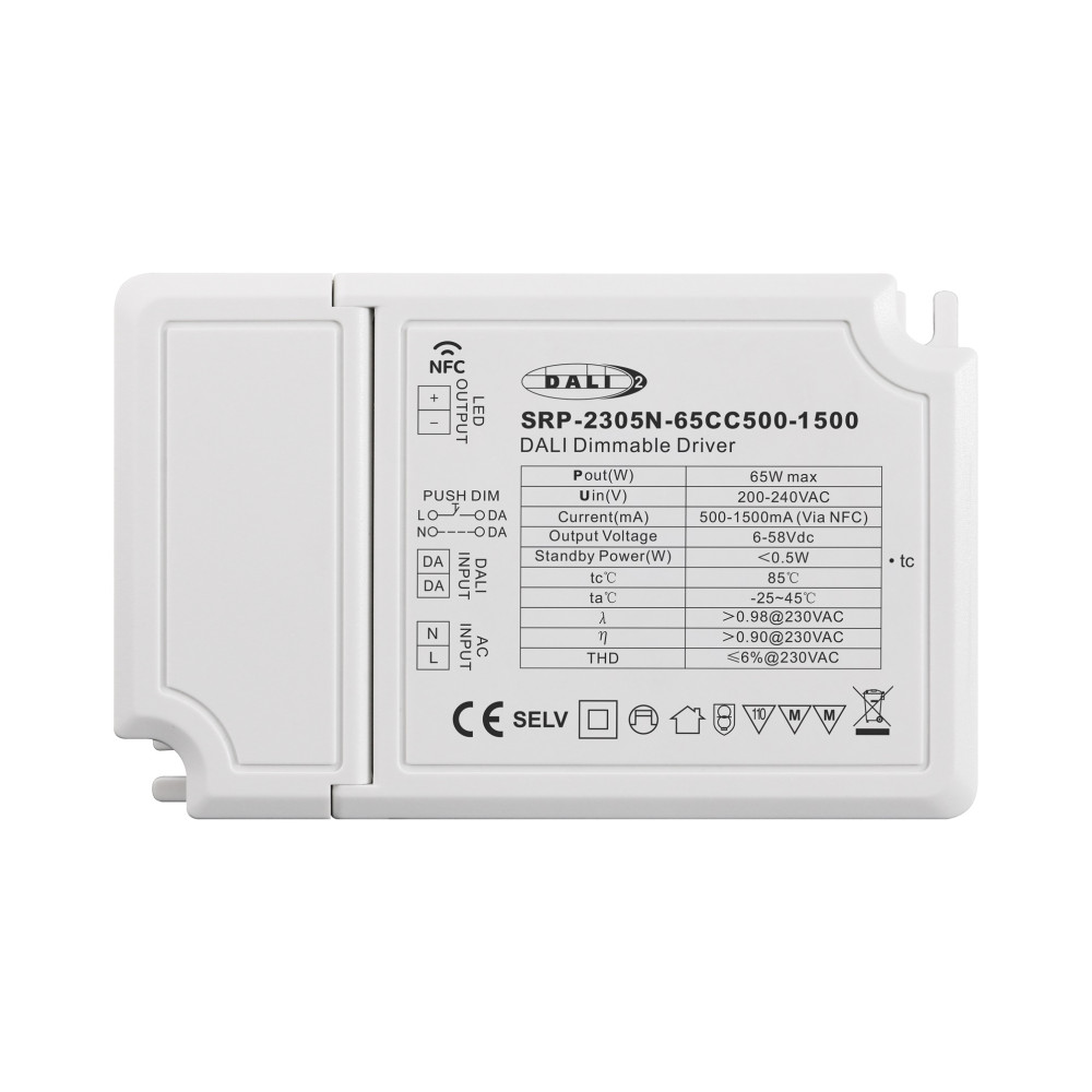 Impulsinis srovės šaltinis LED 65W, 6-58Vdc, 500-1500mA, valdomas PUSH-DIM, DALI-2 su NFC nustatymu, PFC, Sunricher