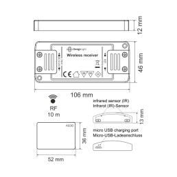 LED valdiklis su bevieliu, įkraunamu IR jutikliu 12-24Vdc, 8A, pritemdymo funkcija, juodas, Design Light