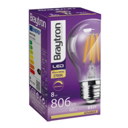 LED lemputė E27 230V A60 8W 806lm, FILAMENT, šiltai balta 2700K, pritemdoma