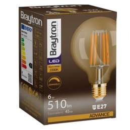 LED lemputė E27 230V G95 6W 540lm, FILAMENT, gintarinė balta 2200K, pritemdoma