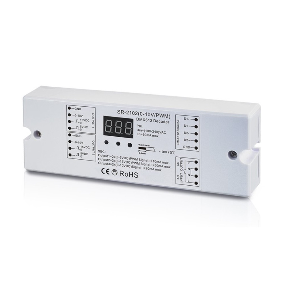 LED signalo keitiklis DMX512 į 0-10V / PWM, 230Vac, su rėle