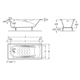 Emaliuota ketaus vonia MALIBU 1600x700 mm su chromuotomis rank. antislip d. balta