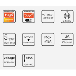LED juostų valdiklis RGB+CCT, 12/ 24Vdc, 15A, valdomas RF, Wi-Fi, TUYA, LED line PRIME