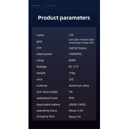 Žibintuvėlis Y26, 816lm, 15W, įkraunamas USB C, 1x 26650 3700mAh, IP43