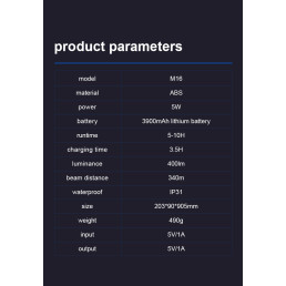 Žibintuvėlis su rankena M16, 5W 400lm, 3900mAh, iki 340m, su POWERBANK