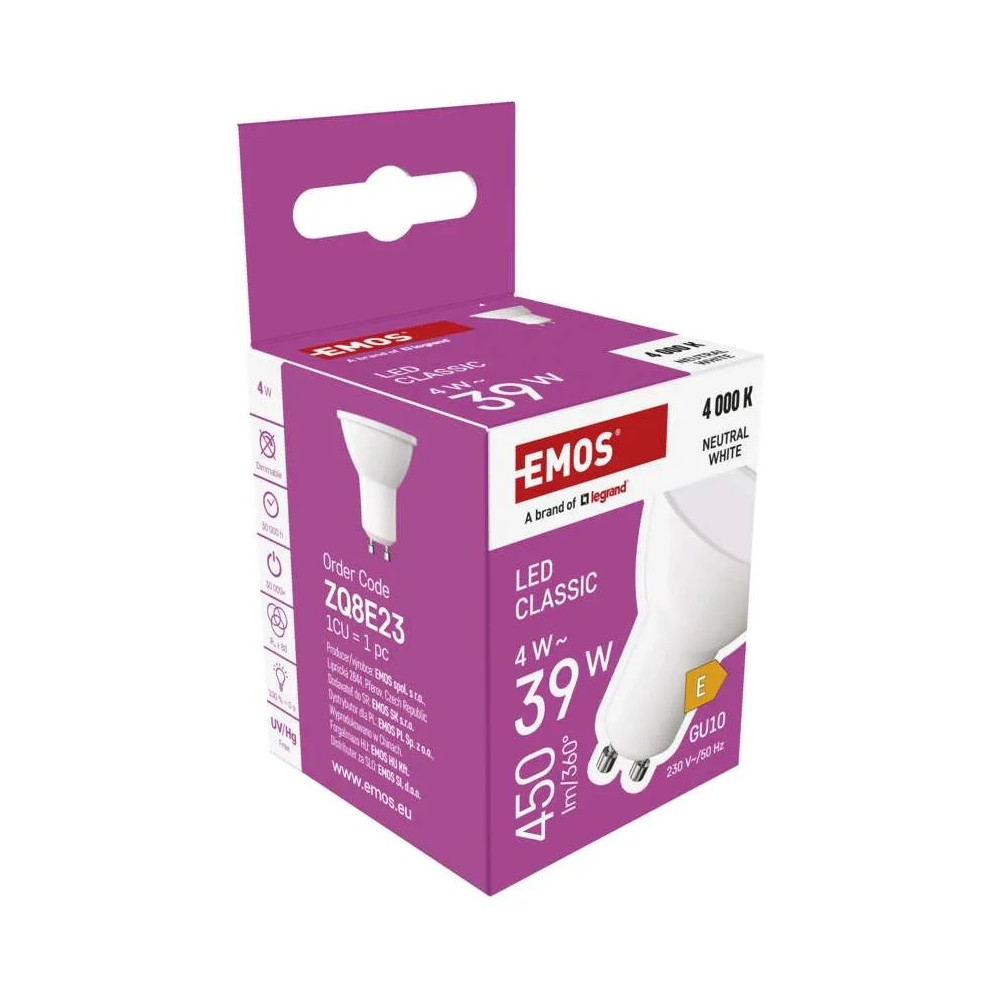 LED lemputė GU10 230V MR16 4W 450lm, neutraliai balta, 4000K, EMOS