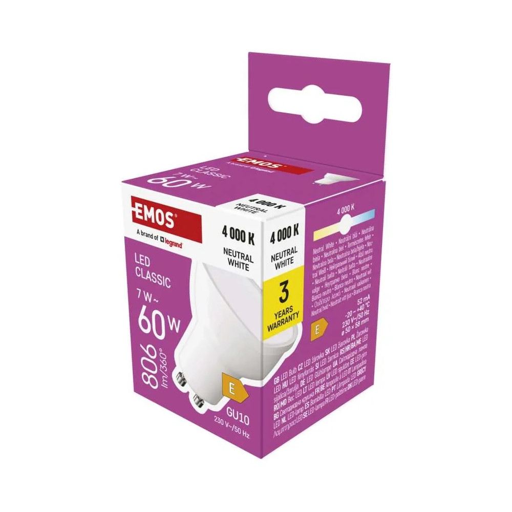 LED lemputė GU10 230V MR16 7W 806lm, neutraliai balta, 4000K, 100°