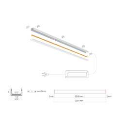 LED profilio komplektas, 2m, paviršinis, baltas, su baltu dangteliu, laikikliais ir aklėmis