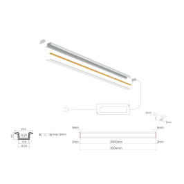 LED profilio komplektas, 2m, įleidžiamas, juodas, su baltu dangteliu ir aklėmis