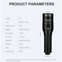 Nardymo žibintuvėlis, 10W CREE XML2, 770lm, IPX8, su 18650 įkraunama baterija ir krovikliu