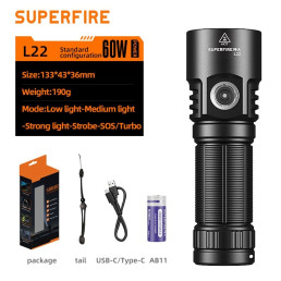 Žibintuvėlis L22, 5000lm, 60W, įkraunamas USB C 1x 26650 5000mAh, 190g