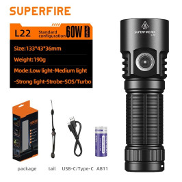 Žibintuvėlis L22, 5000lm, 60W, įkraunamas USB C 1x 26650 5000mAh, 190g