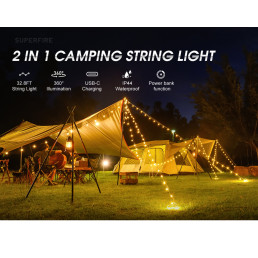 Stovyklavimo žibintuvėlis su LED girlianda, įkraunamas USB-C, 1800mAh, 50-250lm