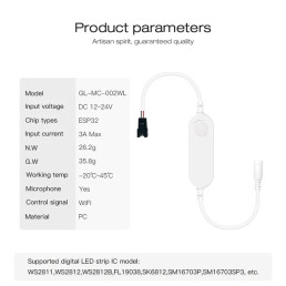 Skaitmeninių LED juostų valdiklis, 12-24Vdc, 3A, 800pix, su mikrofonu, WLED ESP32 Wi-Fi