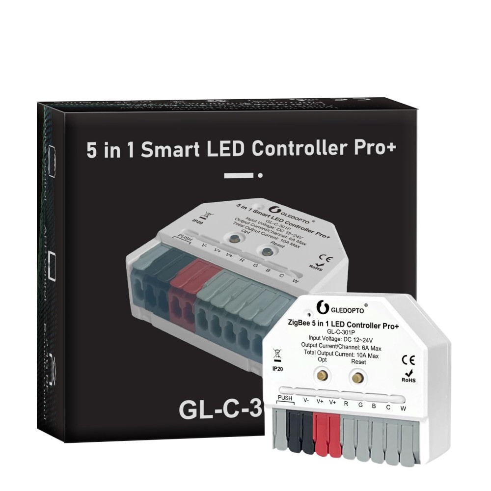 LED valdiklis ZigBee MINI PRO+ RF, 12-24Vdc, 6A/ CH, 10A MAX, RGB, RGBW, RGB+CCT, CCT, DIM, PUSH-DIM