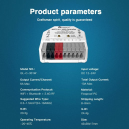 LED valdiklis Wi-Fi + RF MINI, 12-24Vdc, 6A/ CH, 10A MAX, RGB, RGBW, RGB+CCT, CCT, DIM, PUSH-DIM